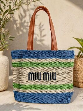 Miu Miu Blue, Natural & Green Crochet Woven Tote NEW GWP
